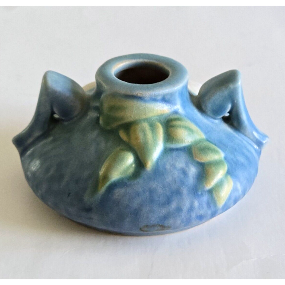 Vintage Roseville Pottery Candle Holder Clematis Blue Floral Retro USA 1940s - Picture 2 of 11